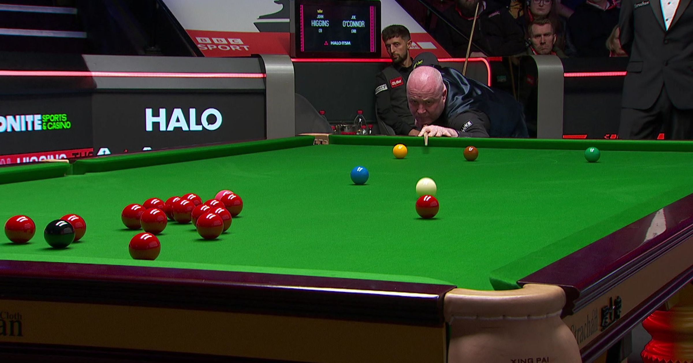 World Championship 2025: John Higgins pots long red in 12th frame ...