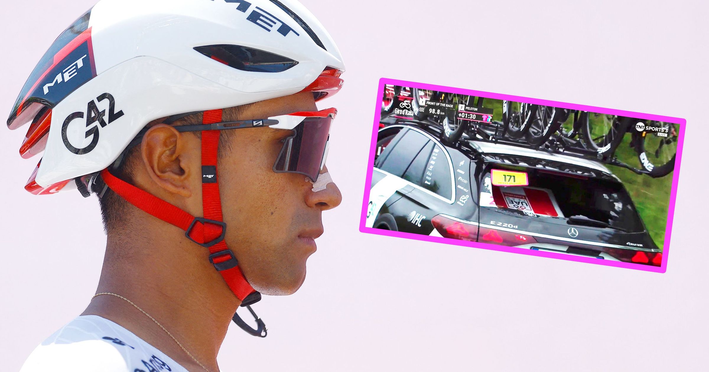 UAE team car left with smashed windscreen after bizarre incident