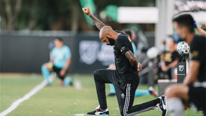 Thierry Henry takes the knee for eight minutes and 46 seconds at start of MLS match